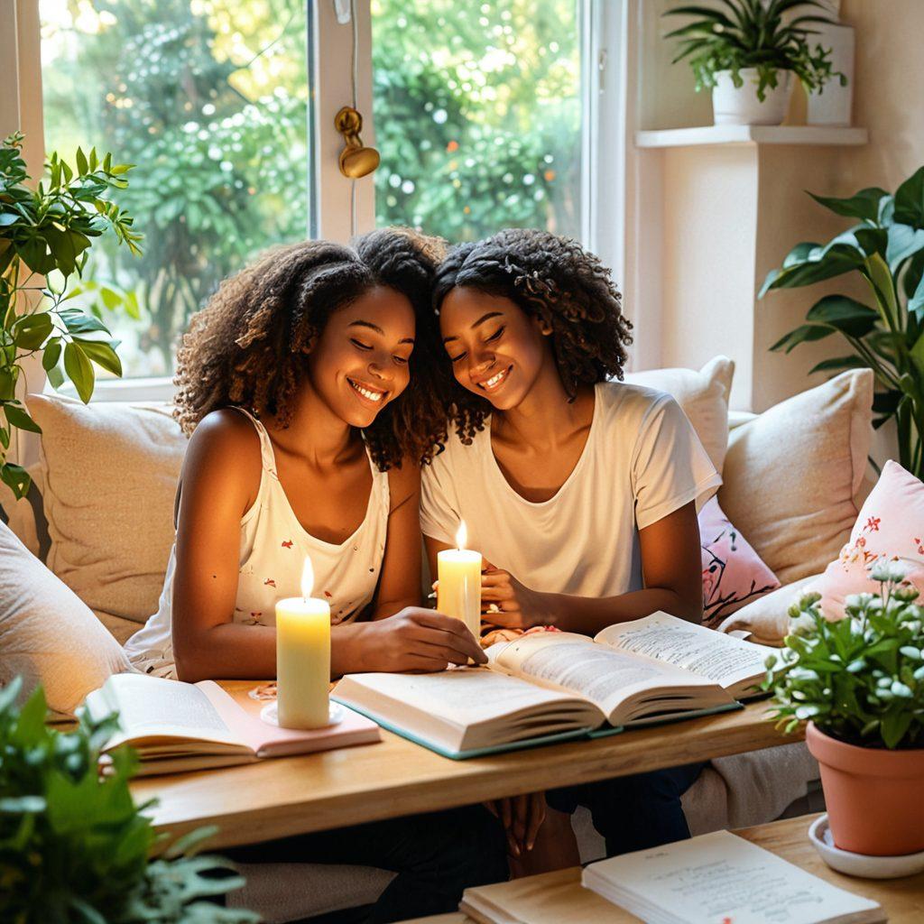 A warm, inviting illustration of two diverse young women sharing a heartfelt moment, surrounded by soft pastel colors and elements representing self-care like candles, plants, and journals. The background should subtly depict a sunlit room filled with cozy pillows, emphasizing sisterhood and emotional connection. Include symbols of growth like blooming flowers and hearts. vibrant colors. soft focus.