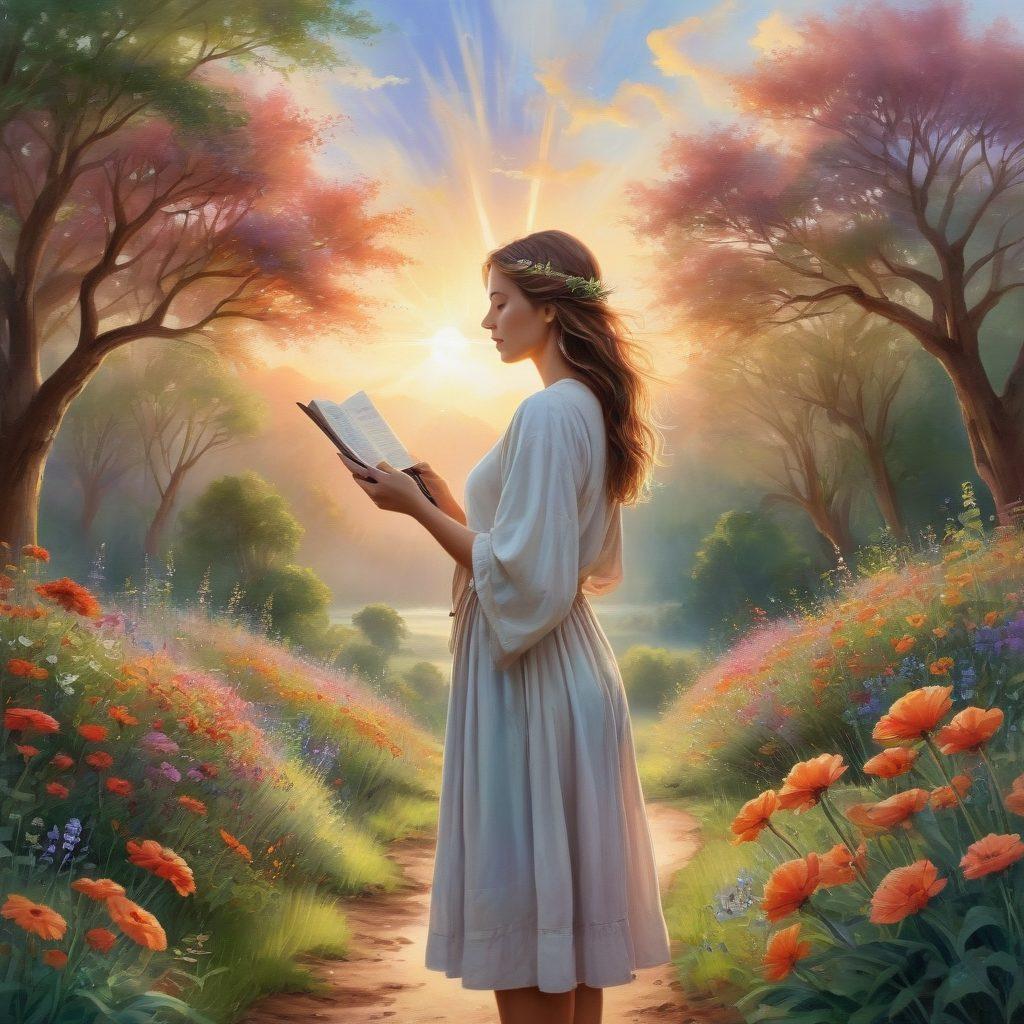 A serene woman standing at a crossroad, surrounded by lush greenery and colorful flowers, symbolizing choices and resilience. She holds a compass in one hand and a journal in the other, representing self-reflection and guidance. Ethereal rays of sunlight break through the clouds, casting a warm glow on her, symbolizing hope and emotional wellness. Soft pastels and rich earthy tones enhance the calming atmosphere. watercolor painting. vibrant colors. natural setting.