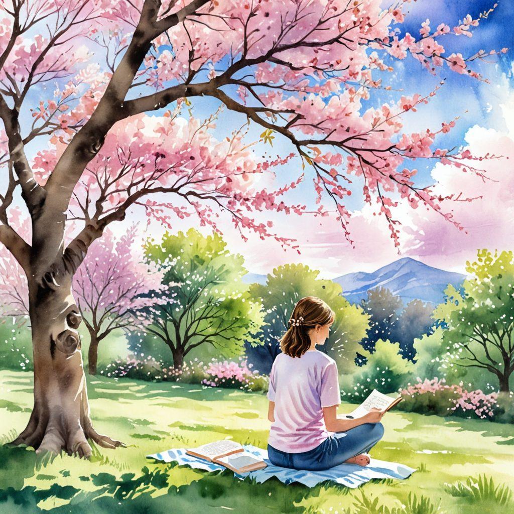 A serene scene depicting a person sitting under a blooming cherry blossom tree, surrounded by soft rays of sunlight filtering through pastel clouds, symbolizing a transition from sadness to empowerment. The background features a vibrant garden with soothing colors, representing self-care and growth. The individual is journaling, with a gentle smile on their face, showcasing authentic expression. watercolor painting. soft pastels. dreamy atmosphere.